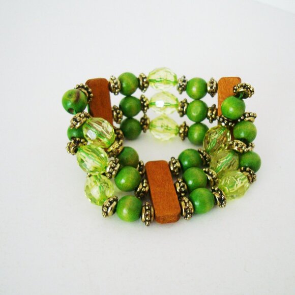 Green Boho Beaded Triple Strand Bracelet Earth Tone Golden Beads - Picture 1 of 7